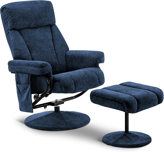 MCombo Swivel Recliner with Ottoman, TV Chair with Vibration Massage, Ideal for RV Small Space, Living Room & Bedroom 4828 (Textile, Blue)