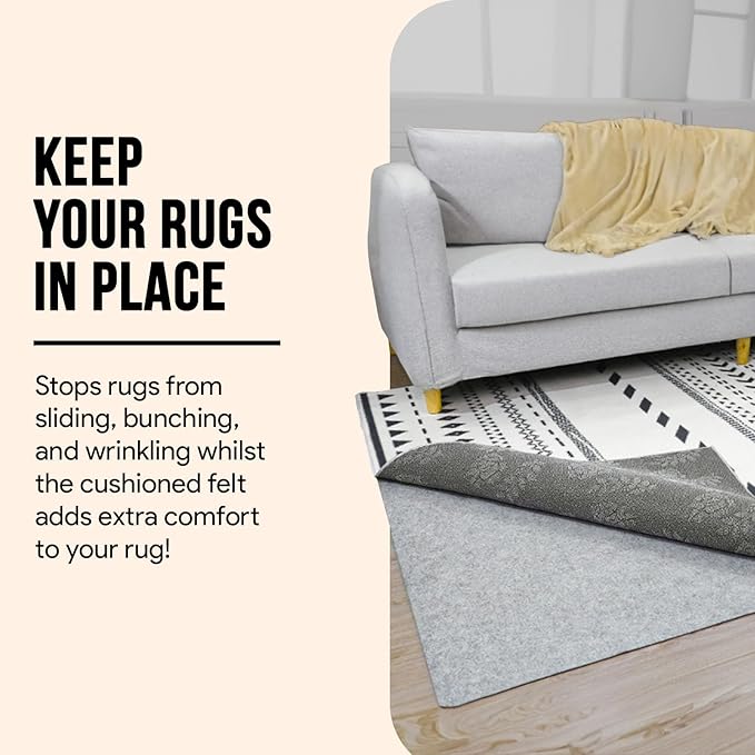 Non Slip Rug Pad 5x8 Feet, 4/25" Thick Felt Cushioned Rubber Rug Gripper Pad for Hardwood, Laminate, Stone, Tile, Wood, Vinyl Floors & Carpet, Anti Skid Under Area Rug Pads