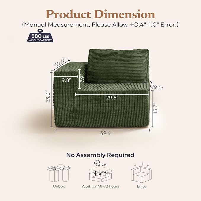 Furnify 40" Modular Sectional Sofa, Upholstered Floor Sofa Couch with Pillow, Bean Bag Chair for Bedroom Living Room, No Assembly Required (Green, Plush Corduroy Fabric)