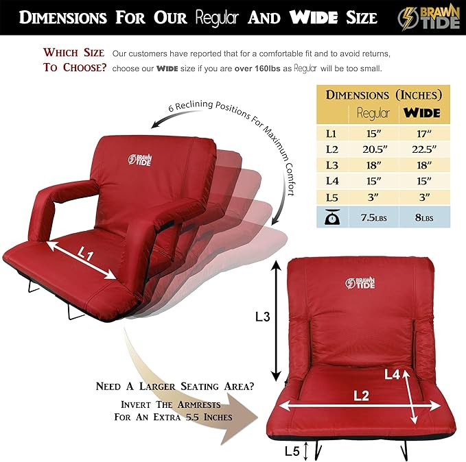BRAWNTIDE Stadium Seat with Back Support - Comfy Cushion, Thick Padding, 2 Steel Bleacher Hooks, 4 Pockets, 2 Cup Holders, Reclining Back, Ideal Chair for Sport Events, Beaches, Camping, Concerts