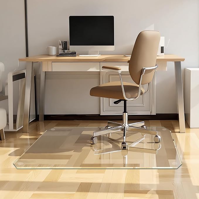 Tempered Glass Chair Mat with Beveled Edge, 46"x36" Heavy Duty Glass Office Floor Mat for Carpets and Hard Floors, with Non-Slip Pads, Easy to Slide, Thick 1/5", Pat No.30004842