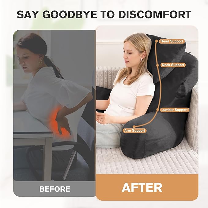 Unisakey Portable Reading Pillows with Headrest for Bed Sitting Up(Light Grey Oeko-Tex), Velvet Back Pillow with Arms & Pockets for Adults, Support Memory Foam Bed Pillow for Dorm/Watching/Gaming