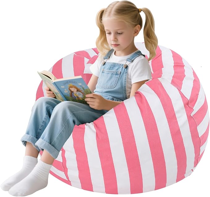 COMAX Bean Bag Chair for Kids, Kid Beanbag Chair Cute, Cotton Canvas Lazy Chair with Shredded Foam Filling, Stuffed Floor Sofa Couch for Boys and Girls, Pink