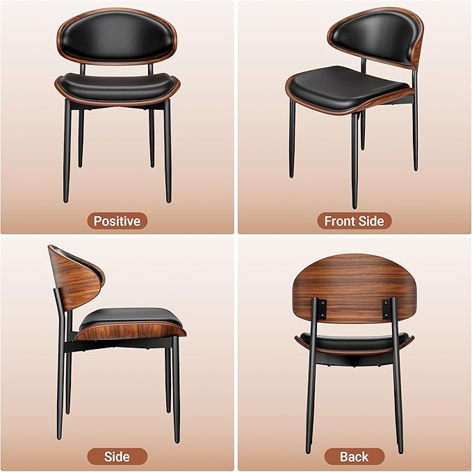 YaFiti Dining Chairs Set of 6, Dining Room and Kitchen Chairs, Mid Century Modern Retro Chair, Upholstered PU Leather Chairs for Vanity with Walnut Bentwood and Metal Legs (Black)