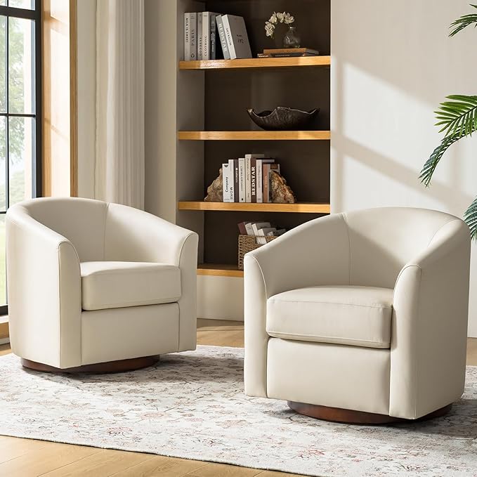 HULALA HOME Genuine Leather Swivel Accent Chairs Set of 2 with Solid Wood Base, Round Swivel Barrel Chairs for Living Room and Bedroom, No Assembly Required, Beige