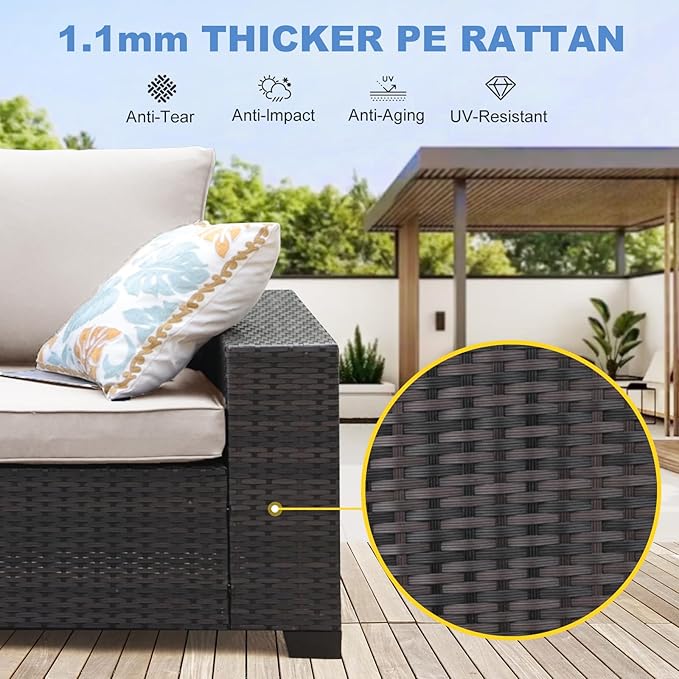 SunloungeCo 7 Pieces Outdoor Patio Furniture Set, Wicker Conversation Sets with Tea Table, Rattan Patio Sofa with Thick Cushions for Garden, Backyard Porch, Poolside,Beige