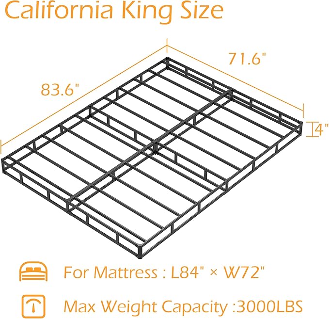 Maenizi Cal King Box Spring 4 Inch Low Profile, Heavy Duty Metal Box Spring Bed Base with Fabric Cover, Mattress Foundation, Easy Assembly, Noise Free, Black