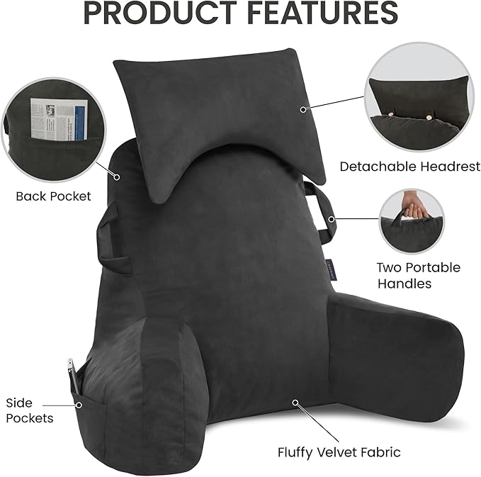 Unisakey Portable Reading Pillows with Headrest for Bed Sitting Up(Grey Oeko-Tex), Velvet Back Pillow with Arms & Pockets for Adults, Support Memory Foam Bed Pillow for Dorm/Reading/Watching/Gaming