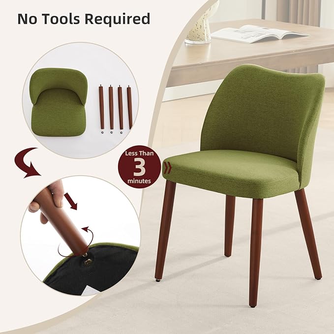 ElfinAura Dining Chair Set of 2, Linen Upholstered Dining Chair with Wood Legs, Wing Backrest, Wooden Kitchen Chair, Kitchen Chairs with Thick Cushions for Dining Room, Living Room, Green