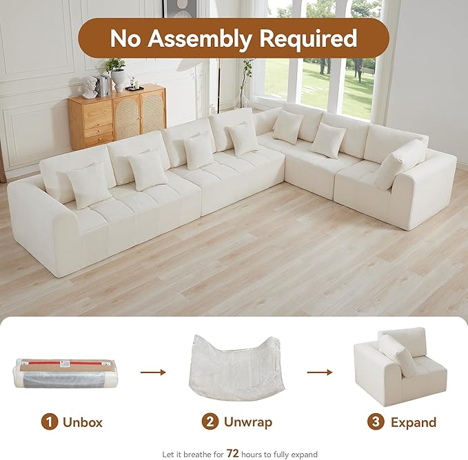 170'' Boneless Modular Couches for Living Room, Compressed Cloud Sectional Modern Sofa, L Shaped 7 Seater Upholstered Memory Foam Oversized Sofa, No Assembly, Chenille Beige