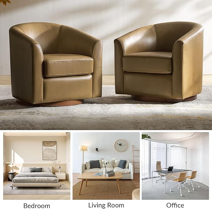 HULALA HOME Genuine Leather Swivel Accent Chair with Solid Wood Base, Round Swivel Barrel Chair for Living Room and Bedroom, Taupe