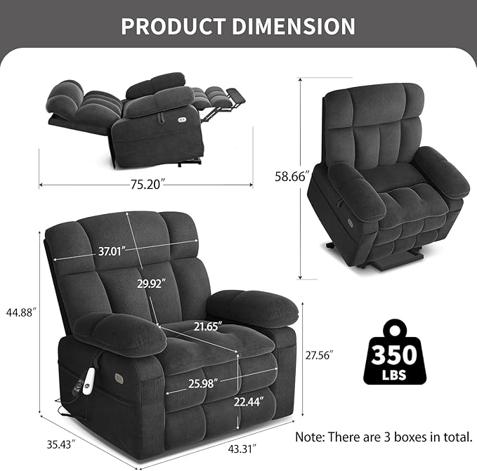 Dual Motor Power Lift Recliner Chair for Elderly with Adjustable Headrest,Extra Wide Recliner Chair with Massage,Lay Flat Recliner with Extended Footrest,Cup holder,Storebox,USB&Type-C Ports,Dark Grey