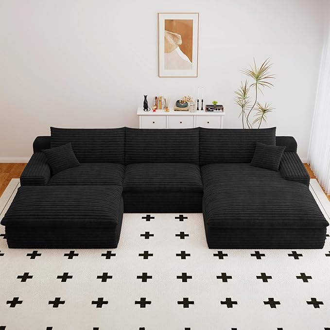 107" Cloud Sectional Couch with U-Shaped Chaise,Corduroy Viral Boneless Sofa with Ottoman,Memory Foam Couches in a Box with Deep Seat for Living Room,No Assembly Required(Jet Black,Right-Facing Chaise