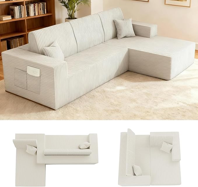 Komusou 110" Boneless Couch, Cloud Modular Sectional Sofa with L-Shape Chaise, Modern Upholstered Couches for Living Room Bedroom No Assembly Required (Beige, Right Facing Chaise)