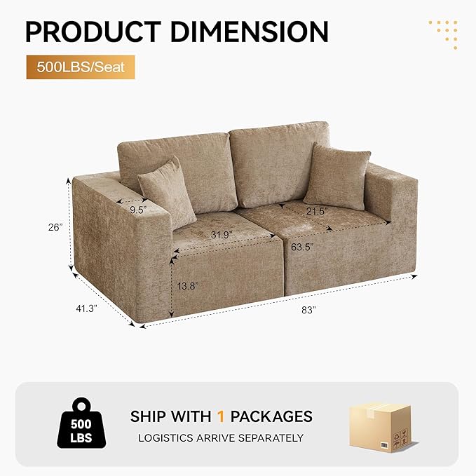 83'' Boneless Loveseat Sofa, Comfy Deep Seat Sectional Cloud Couch, No Assembly Chenille Love Seat for Living Room, Camel