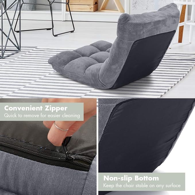 S AFSTAR Cushioned Floor Chair, 14-Position Adjustable Padded Lazy Recliner with Comfortable Back Support and Skin-Friendly Cover, Great for Reading, Playing Game, Meditating (Elegant Gray)
