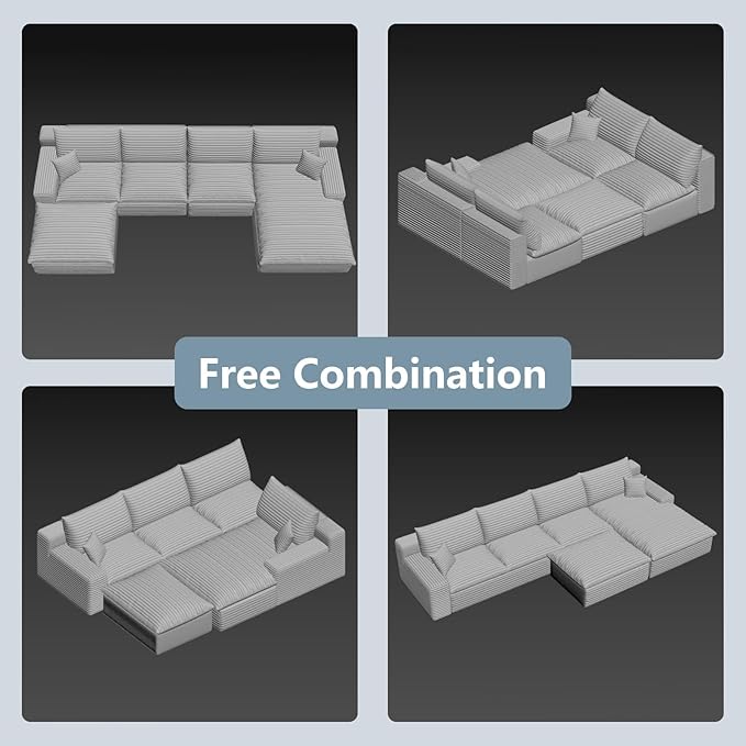 136" Cloud Sectional Couch with U-Shaped Chaise,Corduroy Viral Boneless Sofa with Ottoman,Memory Foam Couches in a Box with Deep Seat for Living Room,No Assembly Required (Black,Right-Facing Chaise)
