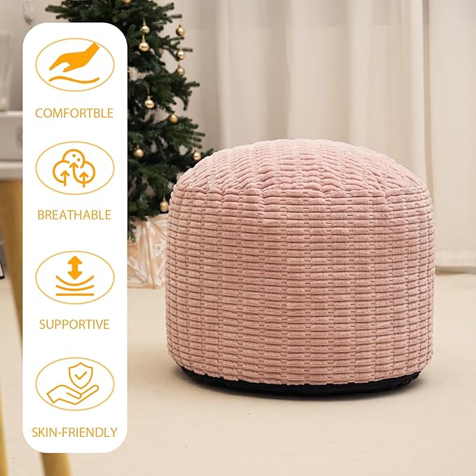 Homlazeezy Round Stuffed Pouf Ottoman for Foot Rest, Storage Ottoman Pouf Foot Stool Cushion, Faux Fur Poufs with Foam Chunk Filling, 26 X 18 Inch Floor Chair for Living Room Bedroom Home Decor, Pink