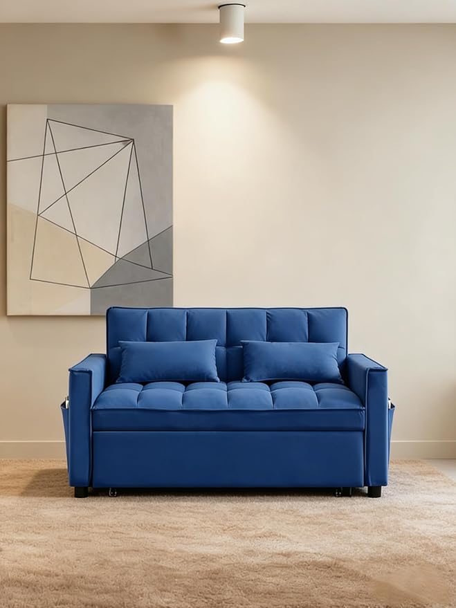 54 inch Velvet 3 in 1 Convertible Sleeper Sofa Bed, Futon Couches for Living Room with Side Pocket | Adjustable Backrest| Velvet Fabric | Pull Out Couch | Love seat Sofa|2-seat Sofa Bed (Blue)