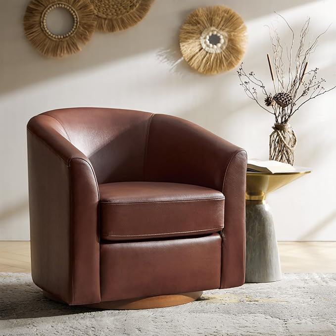 HULALA HOME Genuine Leather Swivel Accent Chair with Solid Wood Base, Round Swivel Barrel Chair for Living Room and Bedroom, Brown