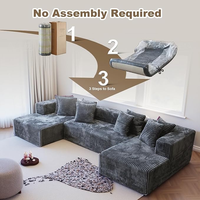 130'' U Shaped Couched for Living Room, Cloud Modular Sectional Couch with 2 Chaise Lounge, Modern Minimalist Upholstered Sofa Sleeper Deep Seat Corner Couch, No Assembly Required Dark Grey