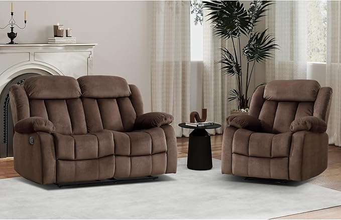 EBELLO Manual Reclining Sofa Set, Classic Recliner Sofa with Overstuffed Arms and Backrest, Include 1 Recliner Chair, 1 Loveseat Couch, Brown