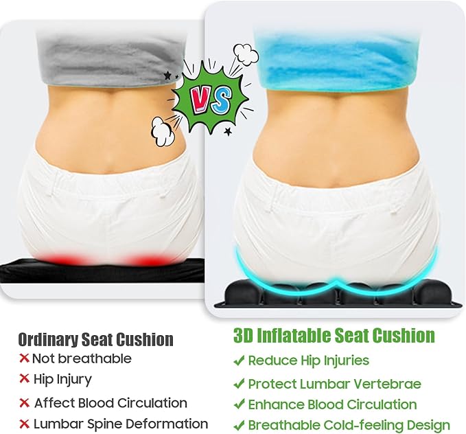 Inflatable Travel Seat Cushion, Relieve Pessure Hips, 3D Airbag Wheelchair Pad Portable Car Seat Cushions for Office Chair, Wheelchair, Stadiums, Dining Chair