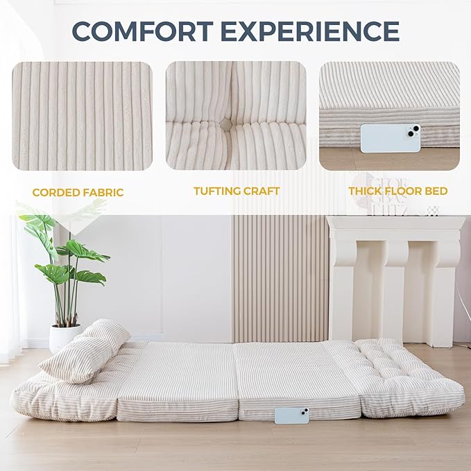MAXYOYO Bean Bag Bed Tufted Folding Sofa Bed with Pillows Floor Mattress for Adults, Extra Thick and Long Floor Sofa, Full Floor Couch Bed for Bedroom Living Room, Beige, 54x91 Inch