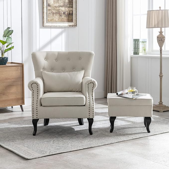 LZAREAL Accent Reading Arm Chairs with Ottoman Set of 2 for Living Room Bedroom, Midcentury Modern Corner Sofa Chair, Wingback Waiting Room Club Chair with Tufted Back &Lumbar Pillow, Linen Beige