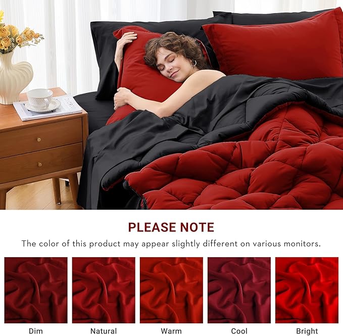 MUXHOMO 5 Pieces Twin XL Comforter Set, Reversible Bed in a Bag Twin XL Size, All Season Bedding Set with Comforter, Flat Sheet, Fitted Sheet, Pillowcases & Shams, Red & Black