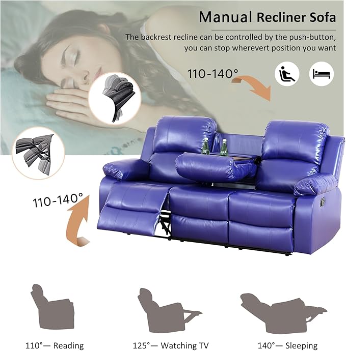 A Ainehome Living Room Furniture Set Leather Recliner Sofa Set Loveseat Chair Furniture Sofa Set for Living Room/Small Space/Rv/House/Office/Theater Seating (A-Blue Leather, Sofa+Loveseat)