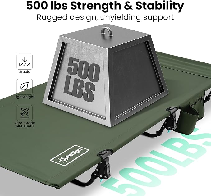OuterSpa Portable Camping Cot, Sleeping Cots for Adults, Ultralight Backpacking Cot, Compact, Collapsible, Easy Set-Up, Supports 500lbs, Portable Camp Cot for Adults, Camping, Outdoors and Home, Green