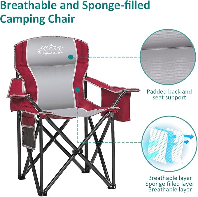 SAILARY Camping Chair Heavy Duty High Back Folding Chair with Cup Holder, 450lbs Capacity, Padded Seat, Cooler Bag & Storage Pocket, Portable for Outdoor, Beach, Fishing, Sports, 2 Pack Red