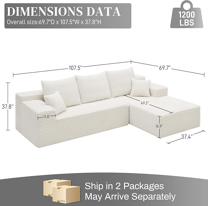 HYJT-H&K Modular Sectional Sofa Cloud Sectional Couch, 107" Comfy Fluffy L Shaped White Couches for Living Room Deep Seat Memory Foam Plush Corduroy Boneless Couch Sectionals Right Facing Chaise Sofa