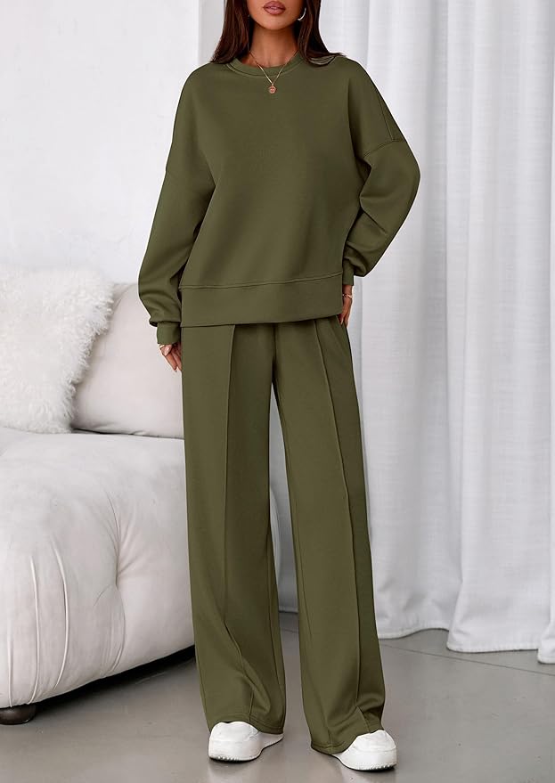 PRETTYGARDEN 2 Piece Sets For Women Fall Trendy Long Sleeve Sweatshirt Wide Leg Pants Loungewear Set Matching Sweatsuit