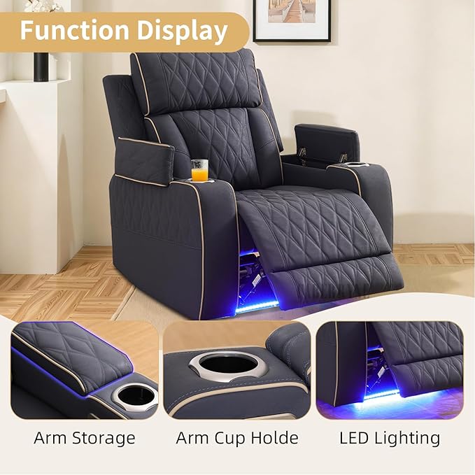 Caberryne Power Recliner Chair with LED Lights,Leather Reclining Couch with Storage Console/Arm Cup Holder for House/Home Theater/Small Space/Rv(Single Chair,Navy)