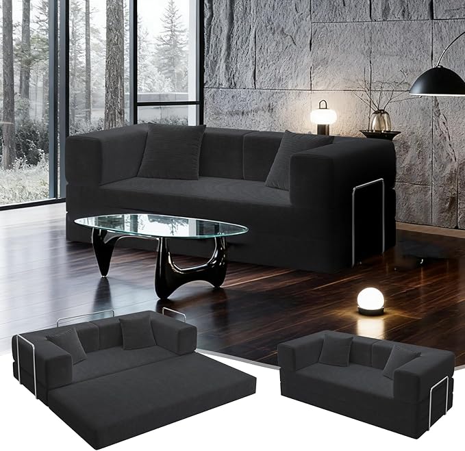 4-in-1 Convertible Sofa Bed, 78 Inch Corduroy Loveseat Sleeper with Pull-Out Bed, Boneless Fixed-Frame Floor Futon for Living Room