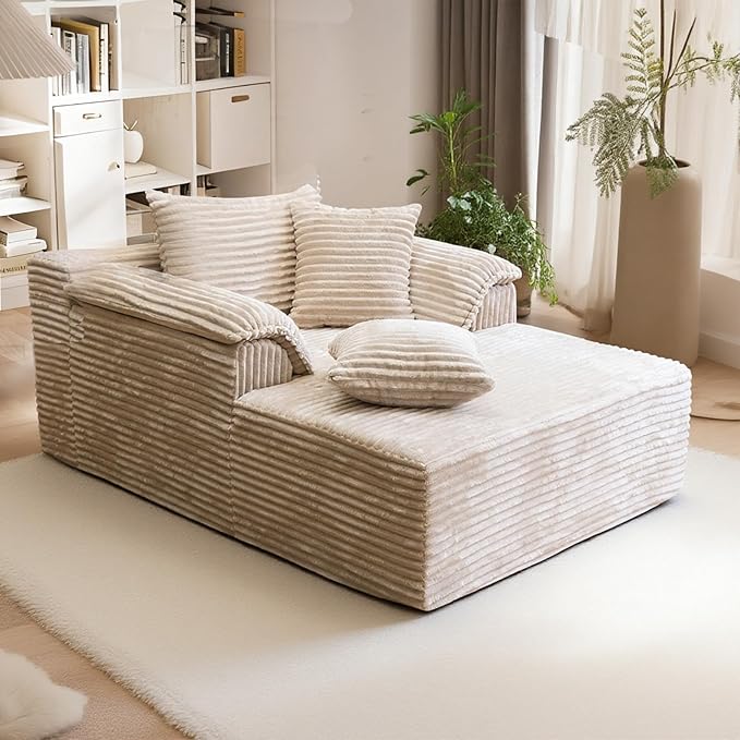 Oversized Chaise Lounge Chair Indoor, Upholstered Single 61'' Rolled Arm Boneless Cloud Sofa Bed Sleeper Couch, No Assembly Faux Rabbit Fur Memory Foam Reading Chair for Living Room Bedroom Beige