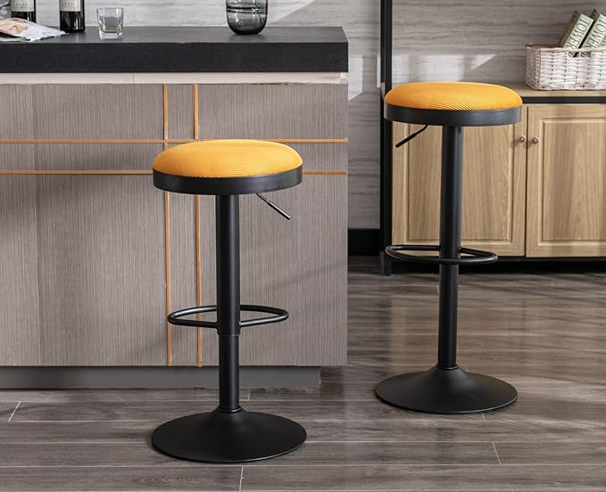 EALSON Modern Swivel Bar Stools Set of 4 Adjustable Counter Height Backless Barstools with Metal Base Fabric Upholstered Round Bar Stool Chairs for Kitchen Island/Pub/Breakfast Bar, Yellow