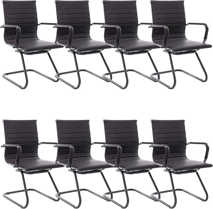 DM Furniture Office Desk Chair No Wheels Set of 8 PU Leather Computer Chairs Mid Back Guest Chairs for School Reception Conference Waiting Room, Vintage Charcoal