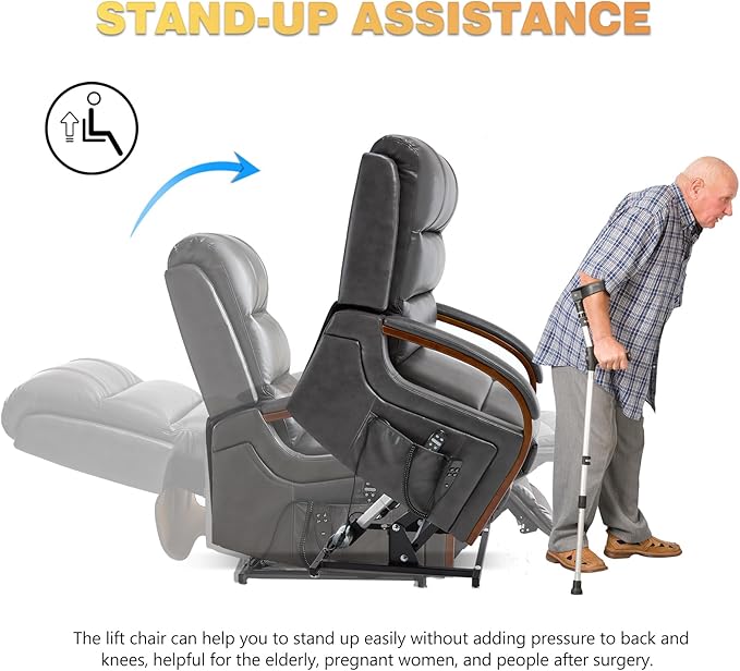 Dual Motor Power Lift Recliner Chair, Lay Flat Recliner, Lift Chair with Massage and Heat, Standing Assistance, Infinite Position Reclining, Living Room Chair (Faux Leather Grey)