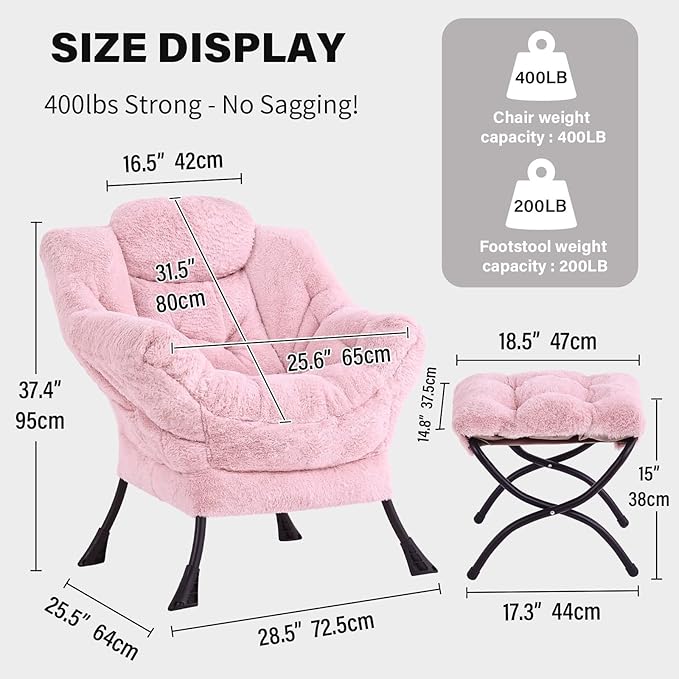 Tiita Lazy Chair with Ottoman, Pink Chair Modern Large Accent Lounge Armchair, Comfy Leisure Sofa Reading Chair with Footrest for Bedroom, Living Room, Dorm Rooms, Garden and Courtyard, Plush Pink