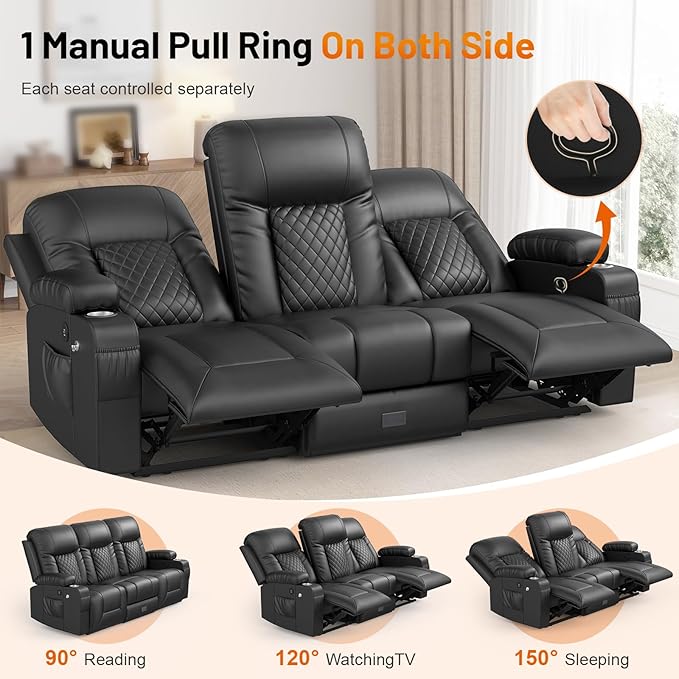 FURNIMAT Oversized Recliner Sofa Set with 2+3 Pieces in Living Room, PU Leather Loveseat Recliner Couch, 3 Seats Reclining Sofa with Flip Back Console, Storage, USB Ports, Cell Phone Holder, Black