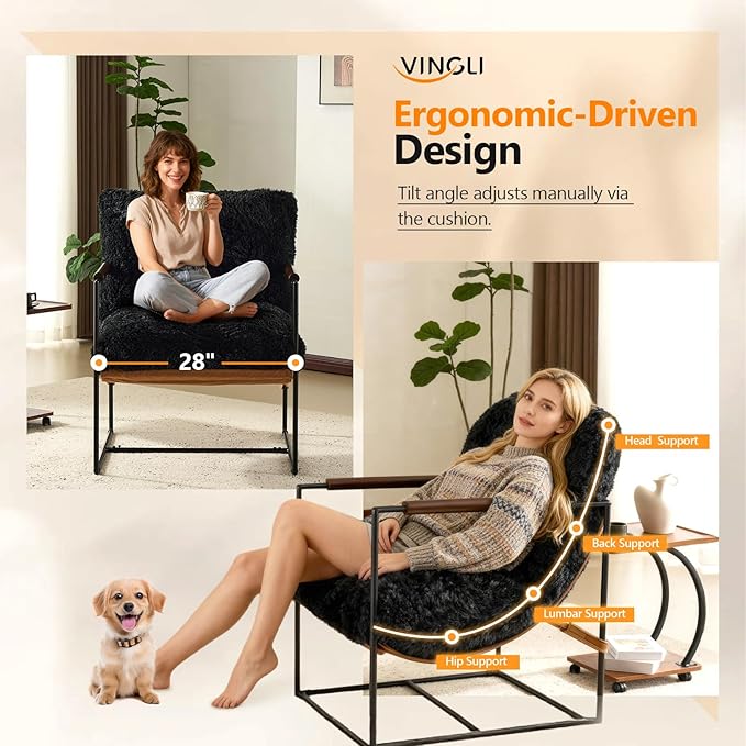 VINGLI 28" Wide Plush Upholstery Sling Modern Accent Chair Set of 2, Cute Reading Armchair with Removable Seat Cushion & Tan Microfiber Seat Base, Lazy Chair for Bedroom & Lounge,Black