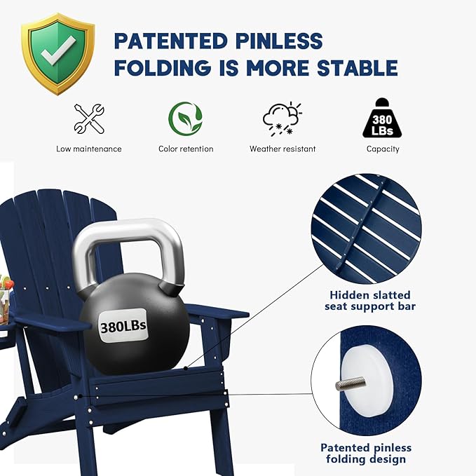 Plawdlik Folding Adirondack Chair, SGS Tested, Wooden Textured with Cup Holder, Heavy All-Weather HDPE Comfortable Set Poolside Backyard Lawn Navy Blue Set 4