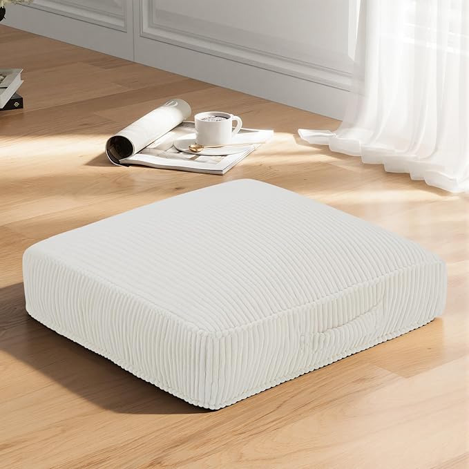 PRIMEPATIO Floor Pillow for Adults, 4" Square Floor Cushions with Washable Cover, Large Corduroy Meditation Pillow, 24 inches Tatami Seat with Handle for Living Room or Yoga, Beige