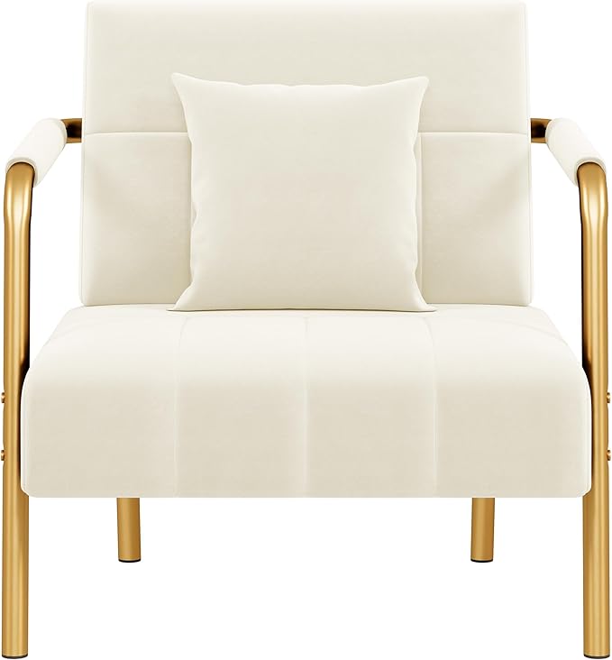 Yaheetech 30" W Accent Chair Velvet Oversized Armchair Living Room Chair with Golden Frame & Cozy Pillow for Living Room, Bedroom, Office Beige