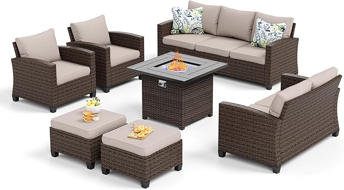 Patio Furniture Set Outdoor Furniture Brown Wicker Rattan Patio Conversation Sets with Cushion Outside Sofa Set,6 Pieces with Firepit Table,9 Seats,Beige