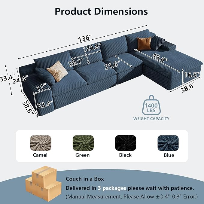 136" Cloud Sectional Couch with L-Shape Chaise, Modern Corduroy Viral Boneless Sofa for Living Room,Memory Foam Couches in a Box with Deep Seat,No Assembly Required (Blue,Right-Facing Chaise)