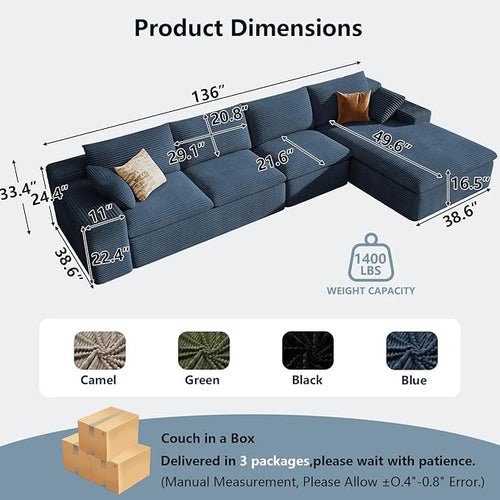 136" Cloud Sectional Couch with L-Shape Chaise, Modern Corduroy Viral Boneless Sofa for Living Room,Memory Foam Couches in a Box with Deep Seat,No Assembly Required (Blue,Right-Facing Chaise)